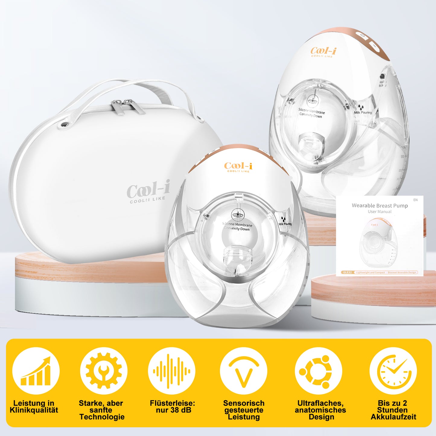 Cool-i® Elektrische Tragbare Milchpumpe GLE32 – BPA-frei, 3 Modi & 12 Stufen, 3 Flanschgrößen (18/21/24 mm), 300 ml