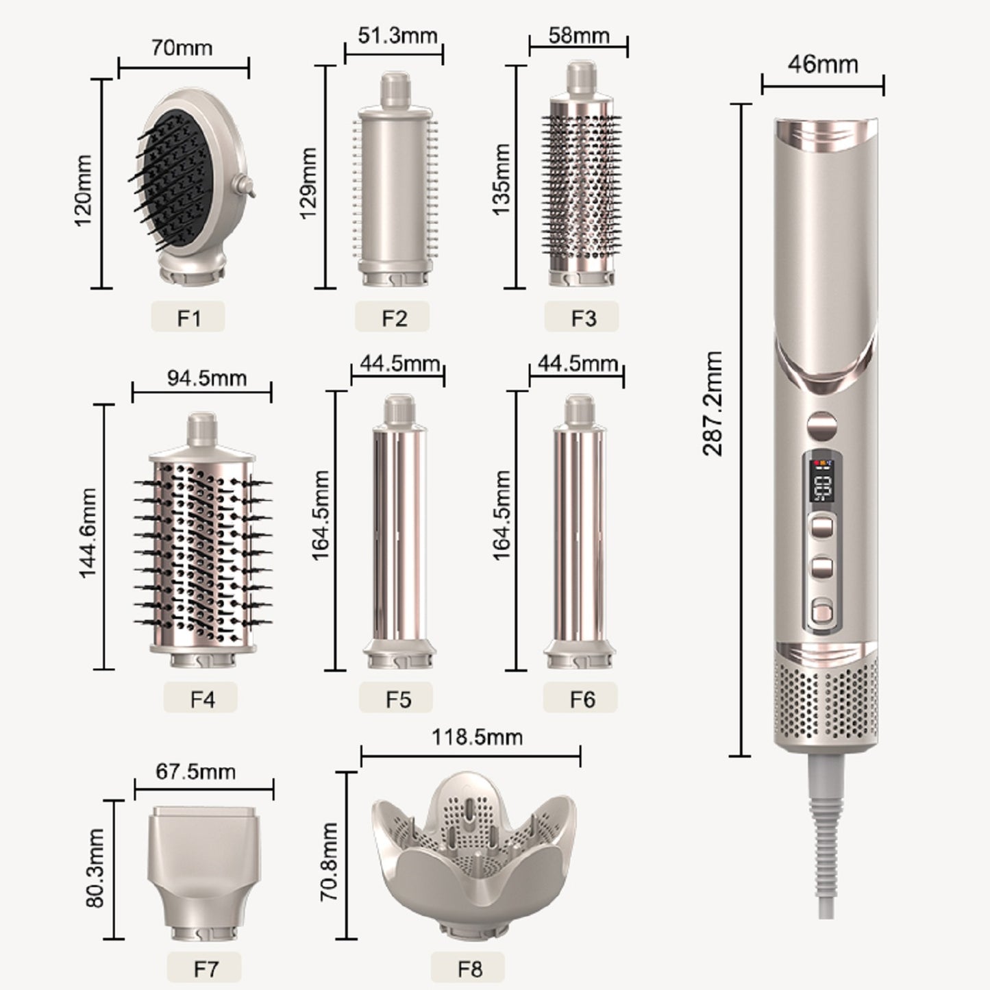 Cool-i ® Airstyler 8 in 1, 1400W Heißluftbürste, Hairstyler-Set mit Diffusor, Glättungstrockner, Rundbürste, Volumenbürste, Lockenwickler, 4 Temperaturen & 3 Windstufen.
