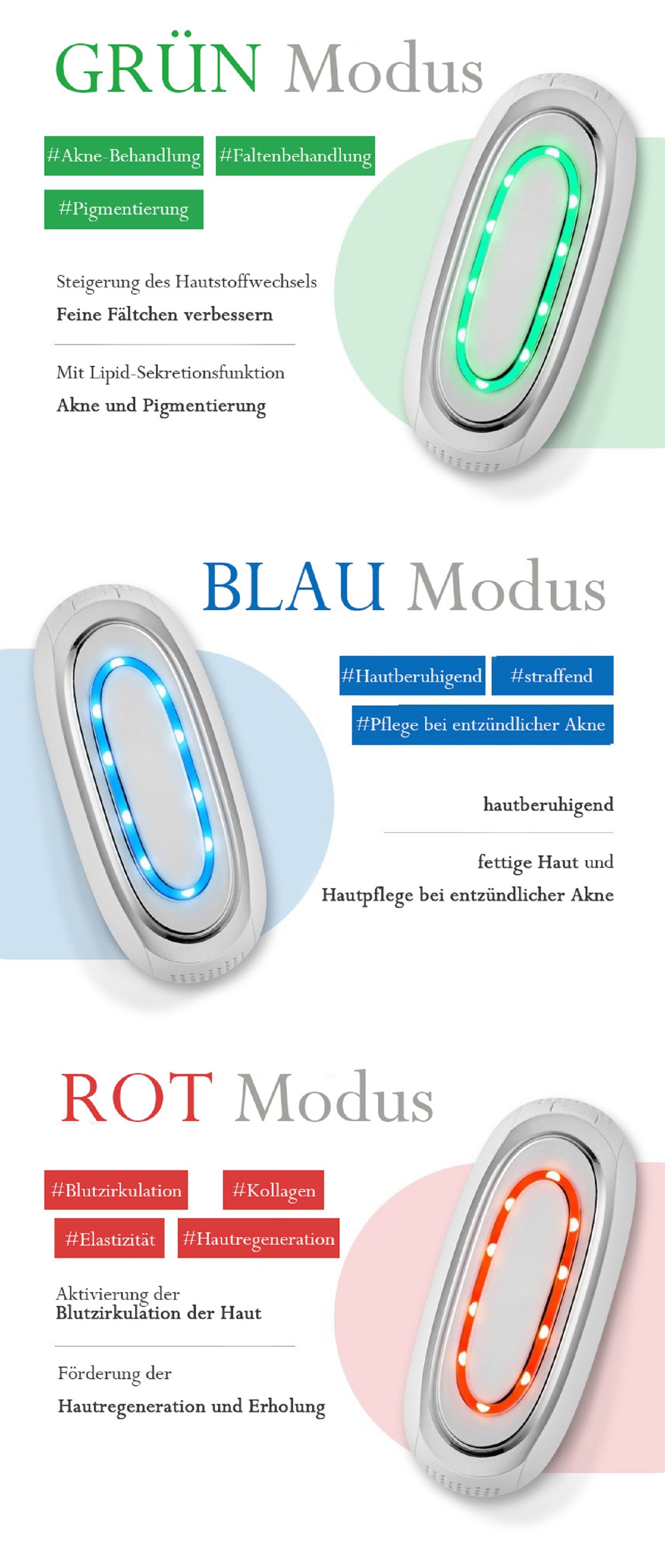 EMS und LED-Modi des 3-in-1 Schönheitsgeräts: Blau, Rot, Grün
