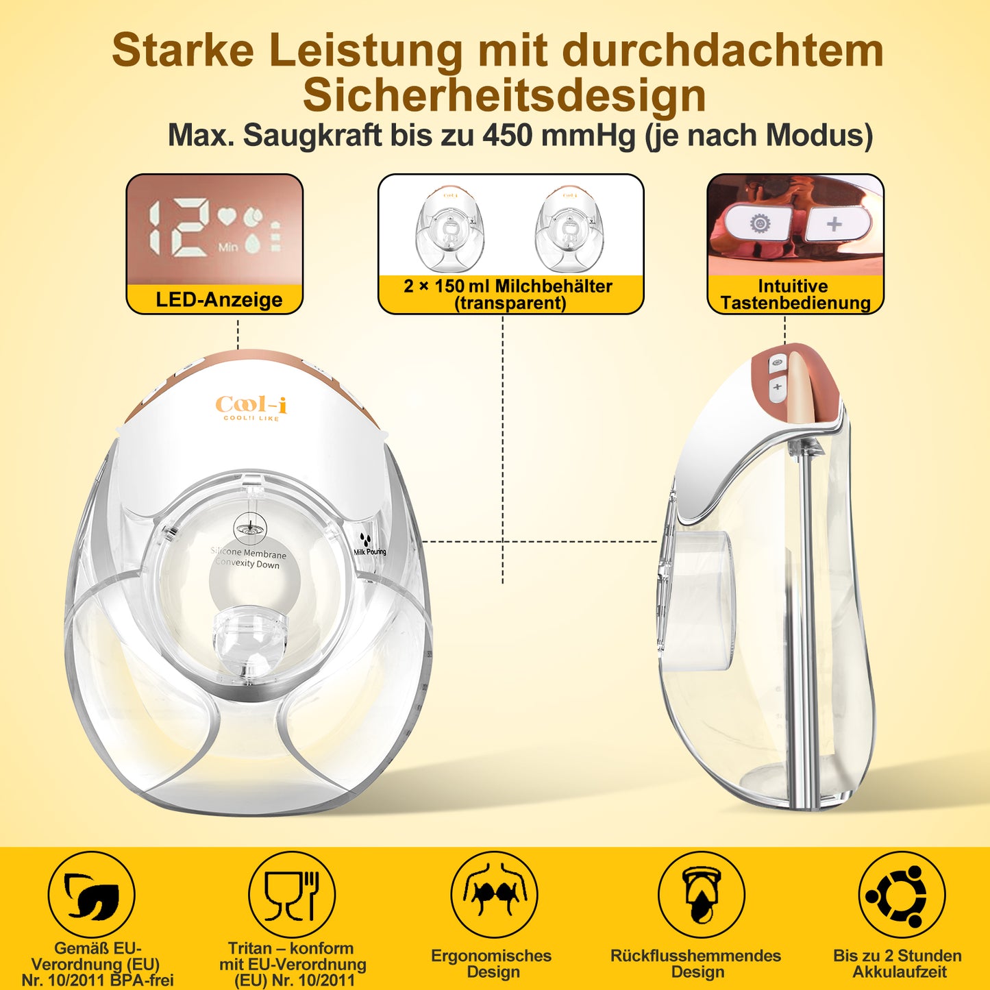 Cool-i® Elektrische Tragbare Milchpumpe GLE32 – BPA-frei, 3 Modi & 12 Stufen, 3 Flanschgrößen (18/21/24 mm), 300 ml