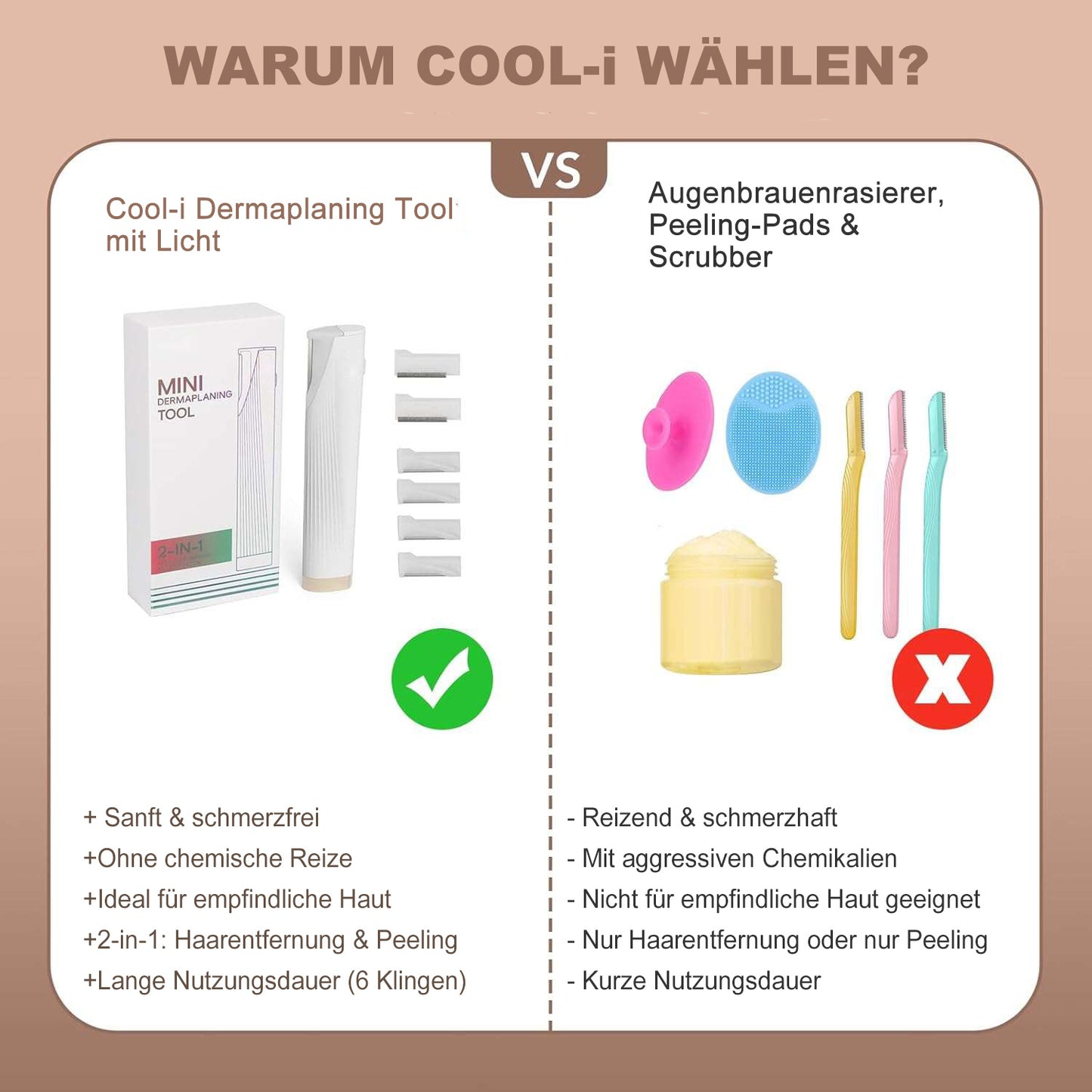 COOL-i® Elektrisches Dermaplaning-Gerät für Frauen mit LED, 3 Stufen, schmerzfrei, Mini-Rasierer inkl. 6 Klingen – Gesichtspeeling & Haarentfernung