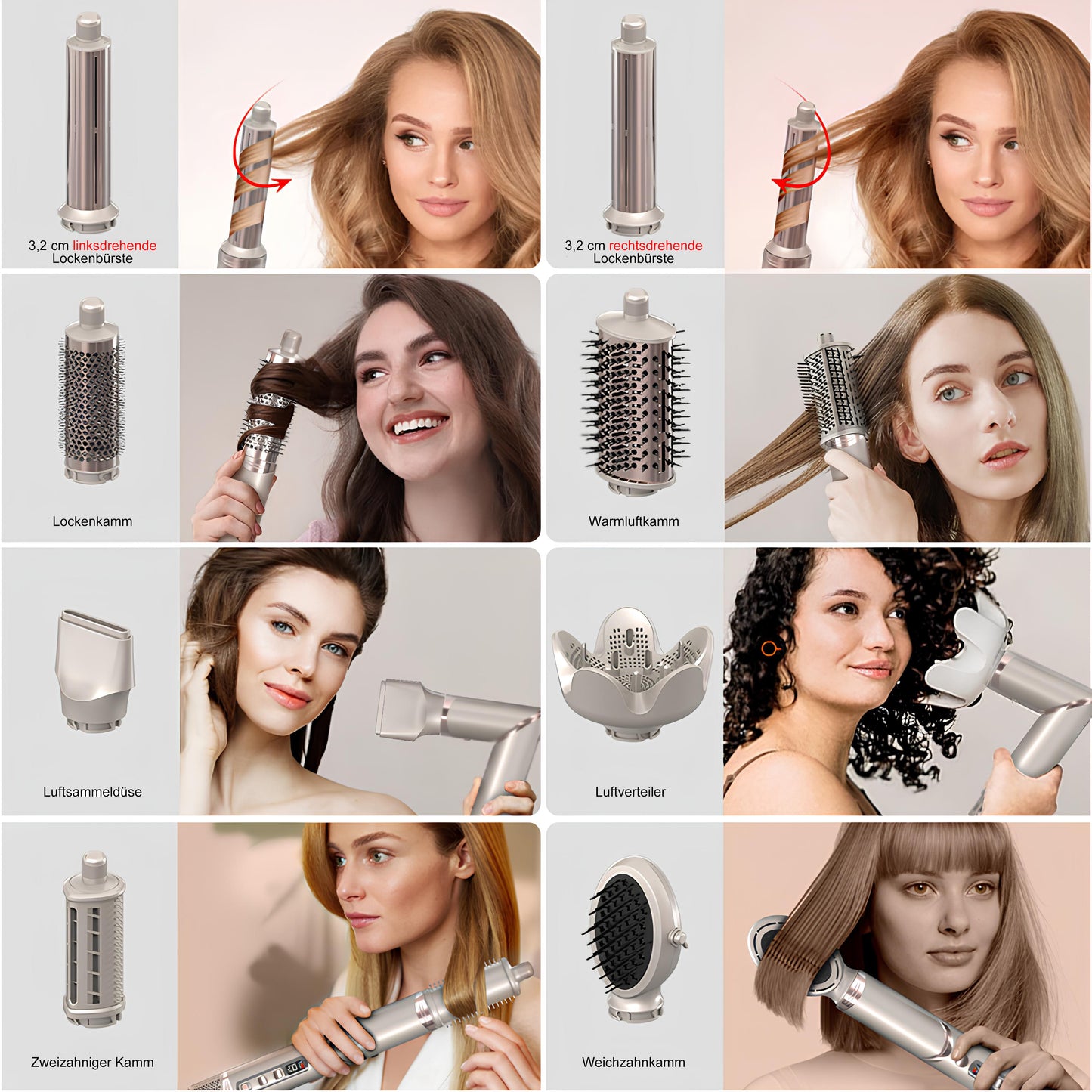 Cool-i ® Airstyler 8 in 1, 1400W Heißluftbürste, Hairstyler-Set mit Diffusor, Glättungstrockner, Rundbürste, Volumenbürste, Lockenwickler, 4 Temperaturen & 3 Windstufen.