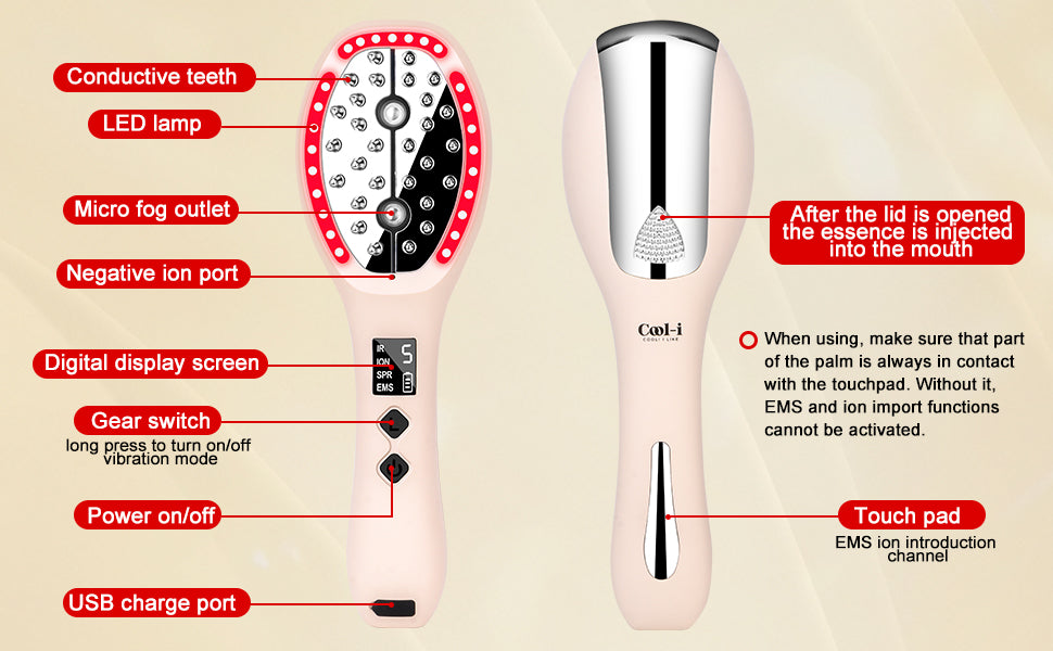 Cool-i ® 5-in-1 Kopfhaut-Massagebürste – Mit 4-Farben-LED + Infrarot für Haarwachstum, EMS, Vernebelung, Ionen & Massage für gesunde Kopfhaut und kräftiges Haar