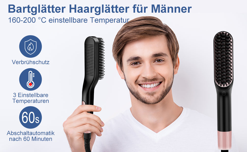 Cool-i ® Bartglätter Kamm für Männer – 2-in-1 Bartglätter & Haarglättbürste, elektrischer Haarglätter mit 3 einstellbaren Temperaturen (160-200°C), ideal für Bart- & Haarstyling