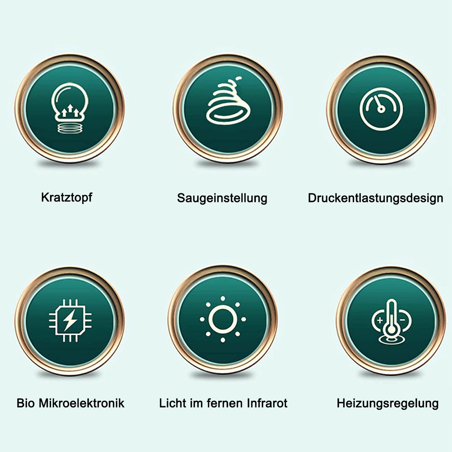 Symbole für GuaSha-Massagegerät-Funktionen: Saugkraft, Druckentlastung, Infrarotwärme und Mikroelektronik