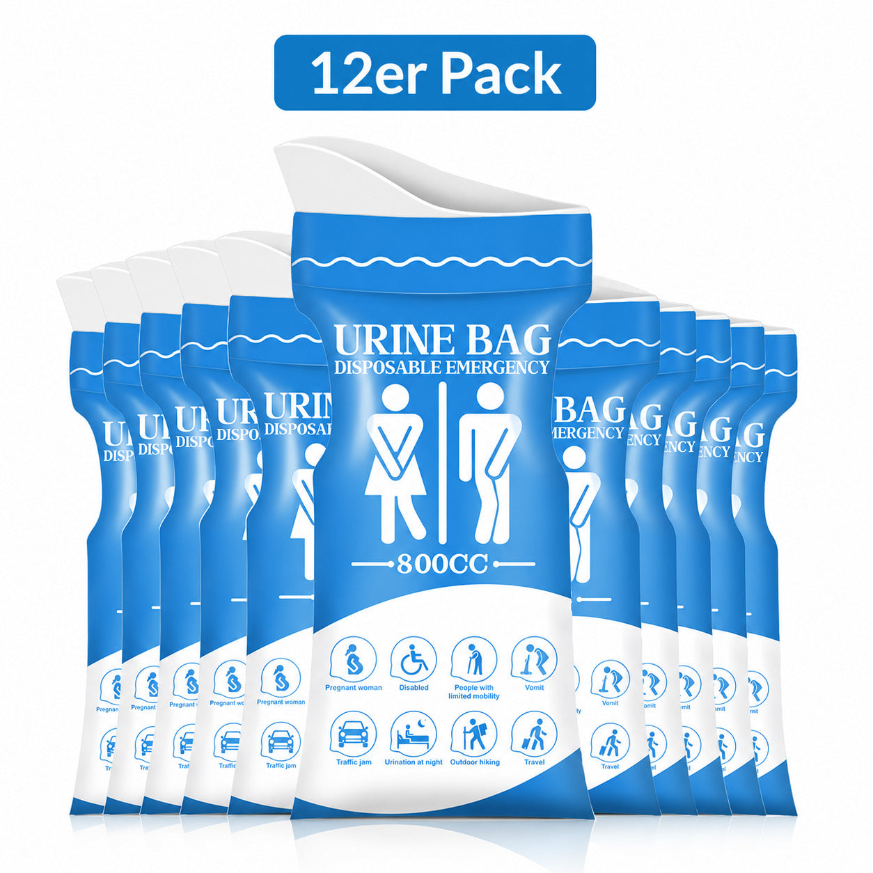 COOL-i Notfall Urinbeutel 12er Set, 800 ml Einweg Urinbeutel, Unisex Reise WC für Auto, Camping & Outdoor