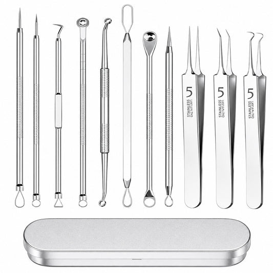 COOL-i 11 teiliges Mitesserentferner Set aus Edelstahl mit Etui, für kosmetische Pflege