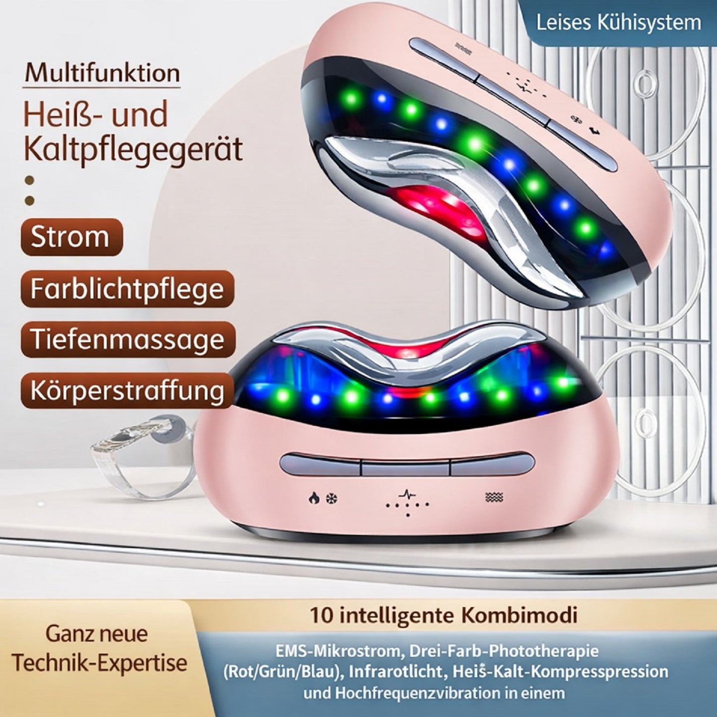 Cool-i ® Multifunktionales Heiß & Kalt Beautygerät mit EMS, LED Licht & Vibration Für Gesicht, Hals & Körper, kabellos, IPX6