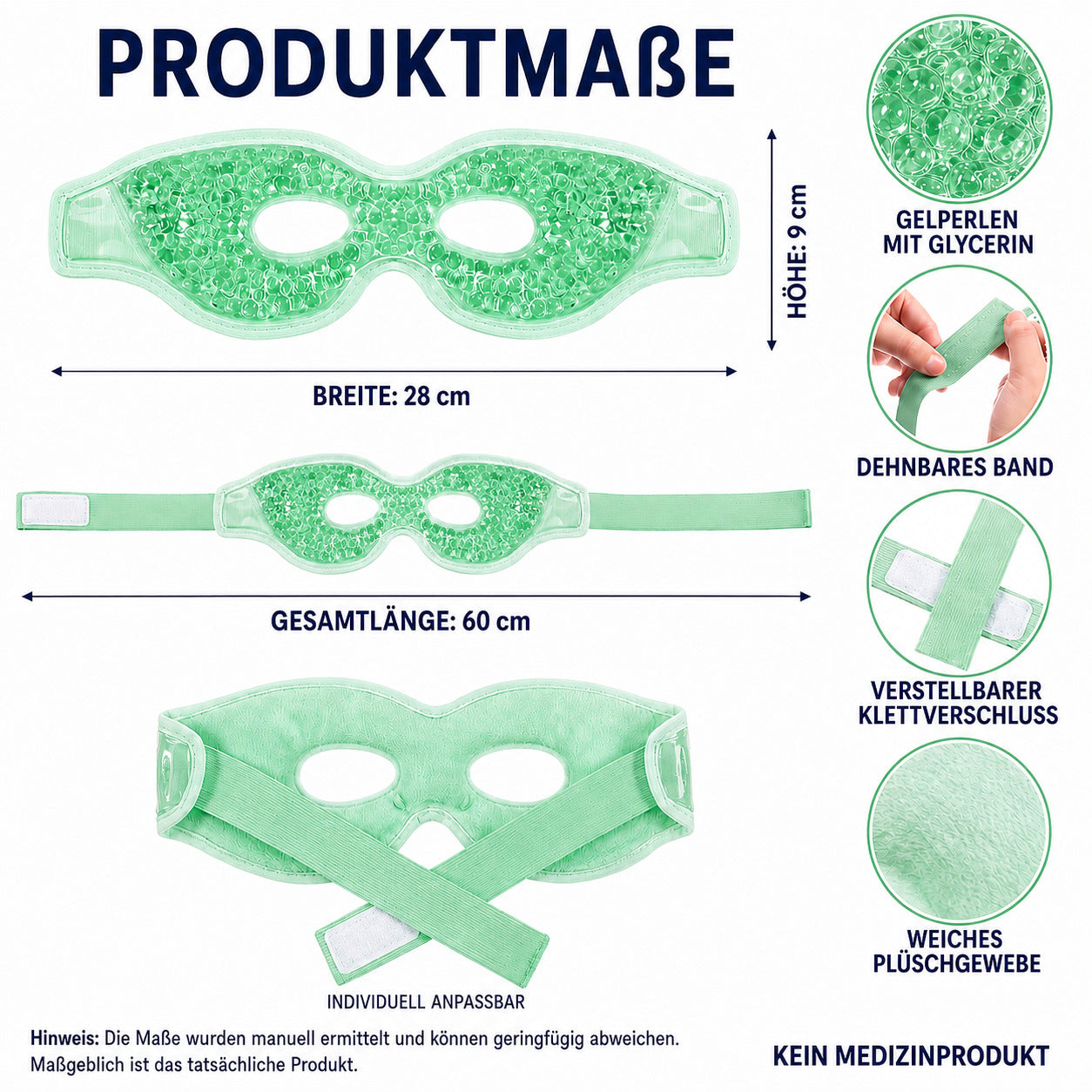COOL-i Kühl & Wärmemaske für die Augen, wiederverwendbare Gel Augenmaske mit Gelperlen & elastischem Band