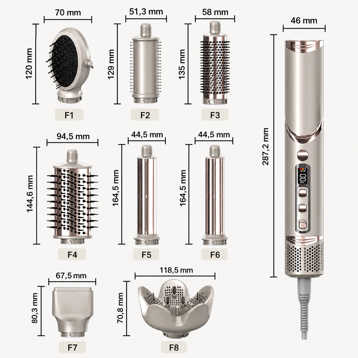 Cool-i ® Airstyler 8 in 1, 1400W Heißluftbürste, Hairstyler-Set mit Diffusor, Glättungstrockner, Rundbürste, Volumenbürste, Lockenwickler, 4 Temperaturen & 3 Windstufen.