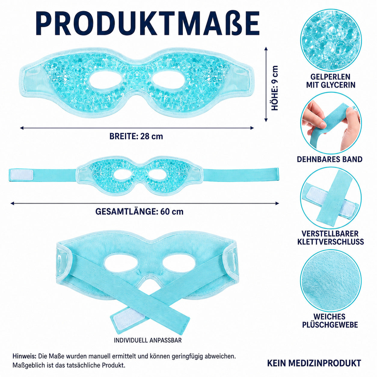 COOL-i Kühl & Wärmemaske für die Augen, wiederverwendbare Gel Augenmaske mit Gelperlen & elastischem Band