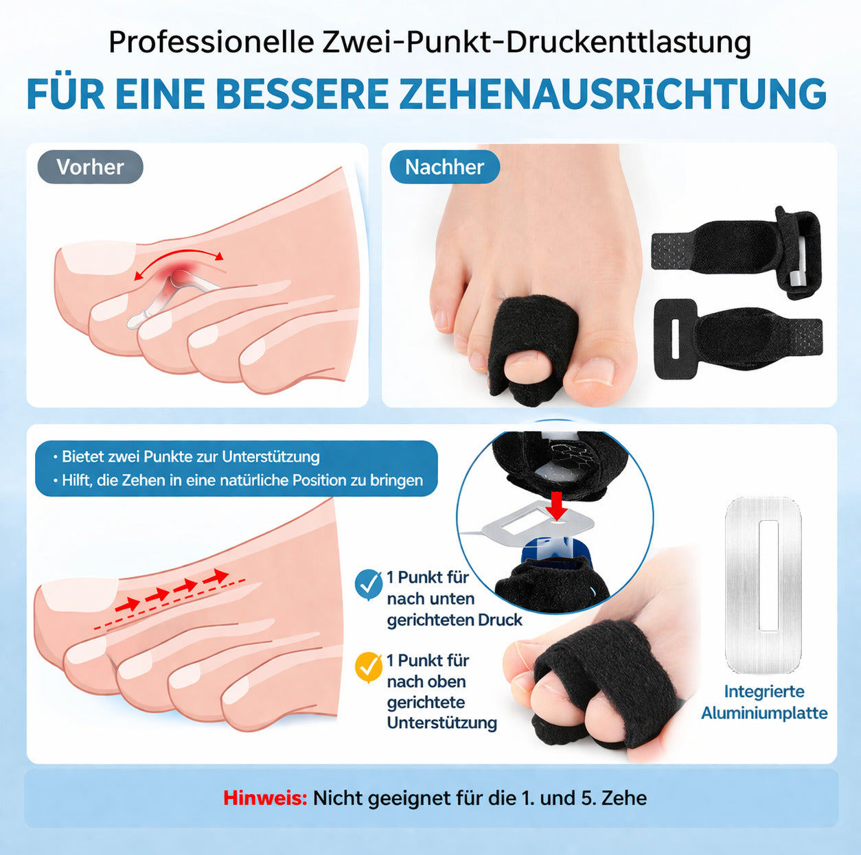 Zehenschiene mit Aluminiumstütze, verstellbare Zehenbandage, rutschhemmend & atmungsaktiv