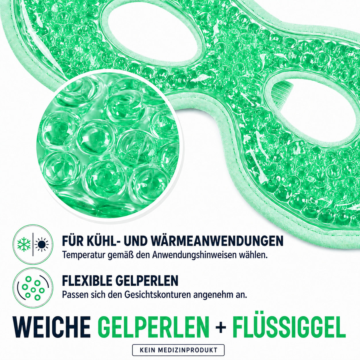 COOL-i Kühl & Wärmemaske für die Augen, wiederverwendbare Gel Augenmaske mit Gelperlen & elastischem Band