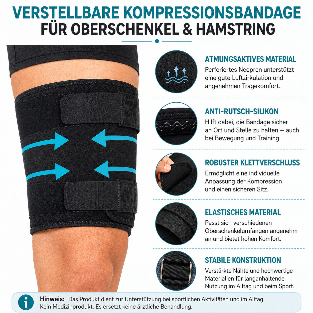 COOL-i Oberschenkel-Kompressionsbandage, Verstellbare Hamstring-Bandage mit Anti-Rutsch-Silikon für Sport, Fitness & Alltag