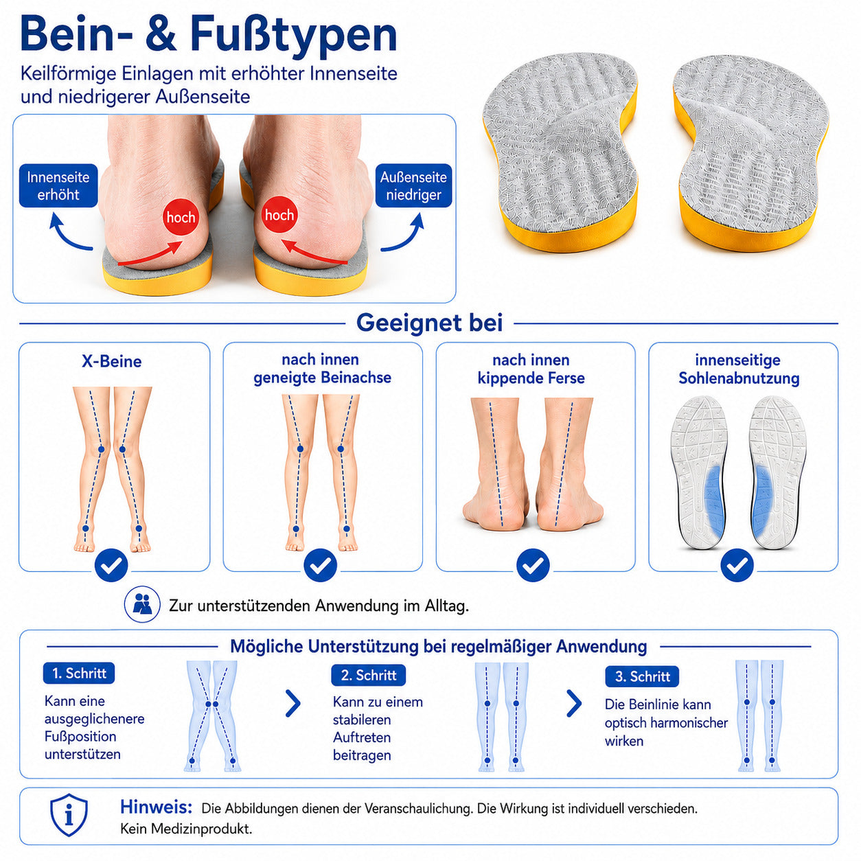 Keilförmige X Bein Einlegesohlen, zuschneidbare Komfort Ferseneinlagen zur unterstützenden Fußausrichtung im Alltag 41-42