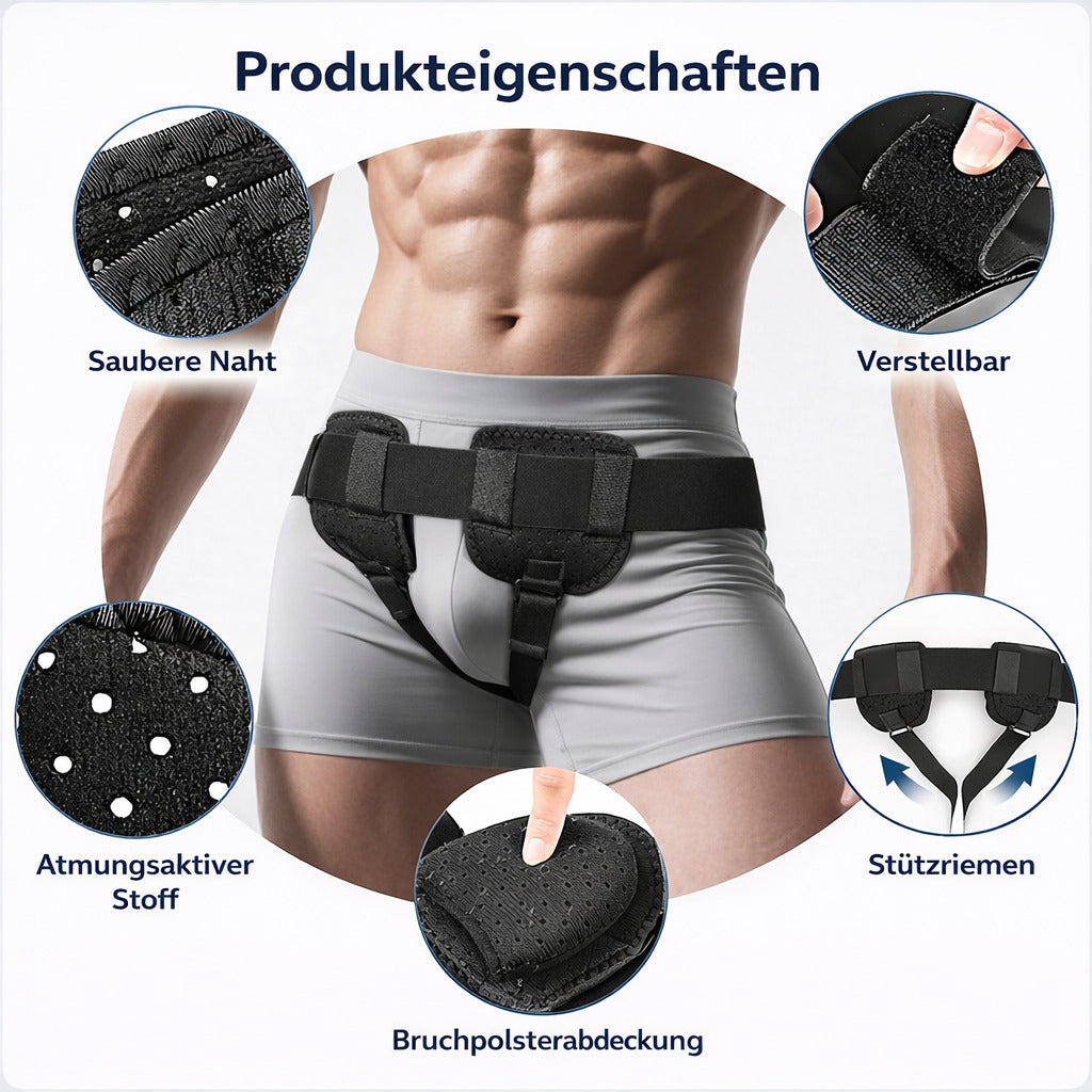 Leistenbandage verstellbar mit 2 abnehmbaren Polstern, Herniengürtel links/rechts/doppelt tragbar, atmungsaktiv