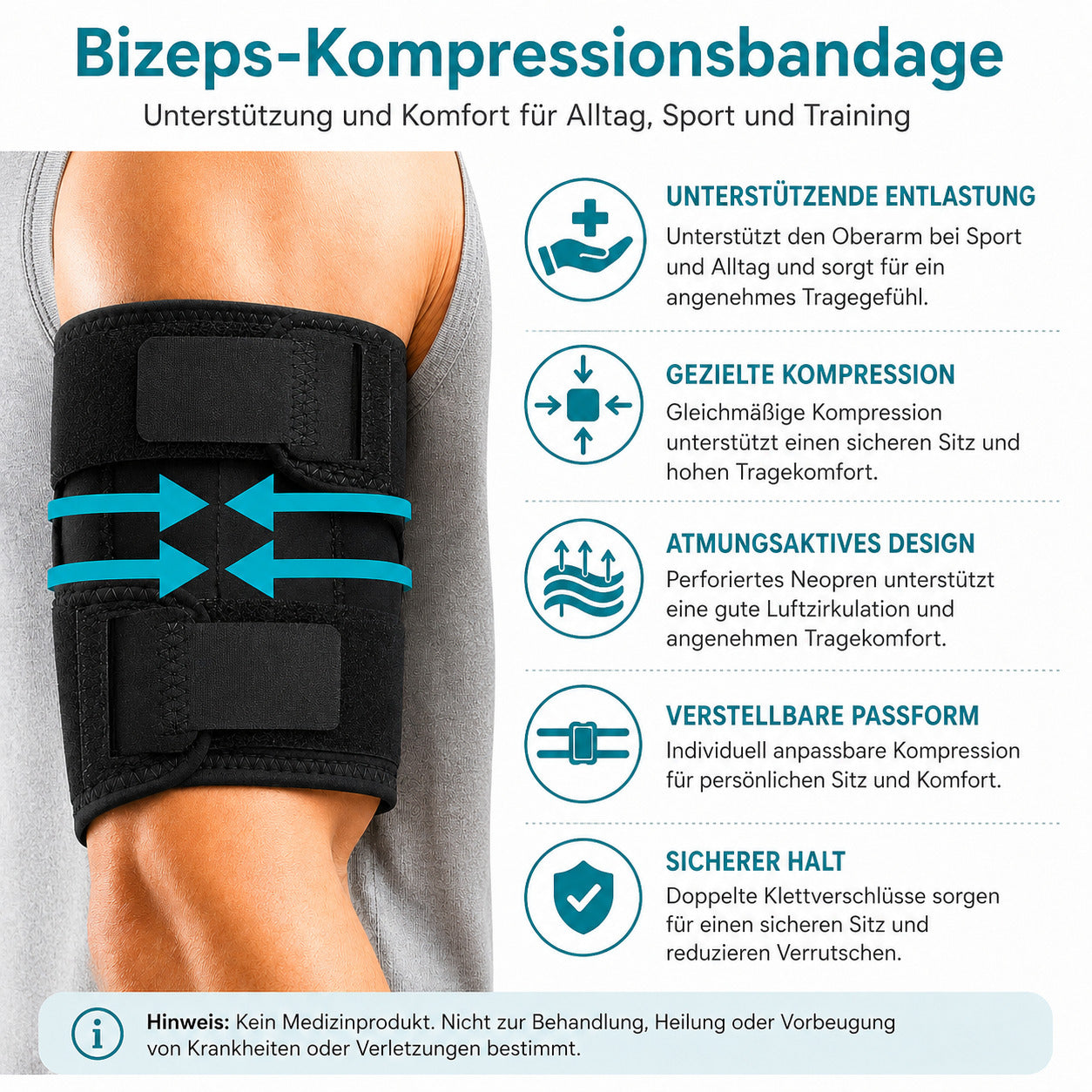COOL-i Bizeps Kompressionsbandage, verstellbare Oberarmmanschette aus Neopren für Sport & Alltag L