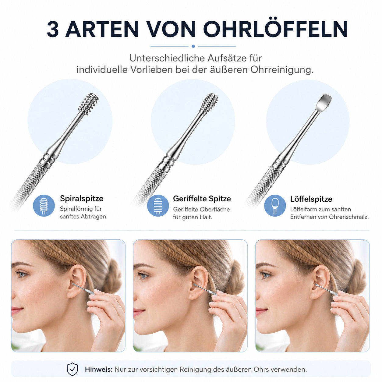 Edelstahl Ohrenreiniger Set 6 teilig, wiederverwendbar & rostfrei, für die tägliche Pflege