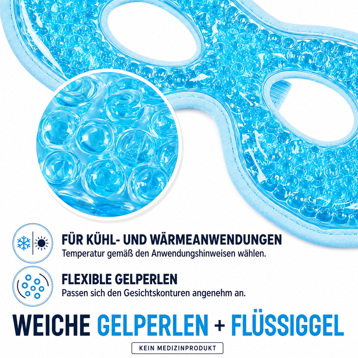 COOL-i Kühl & Wärmemaske für die Augen, wiederverwendbare Gel Augenmaske mit Gelperlen & elastischem Band