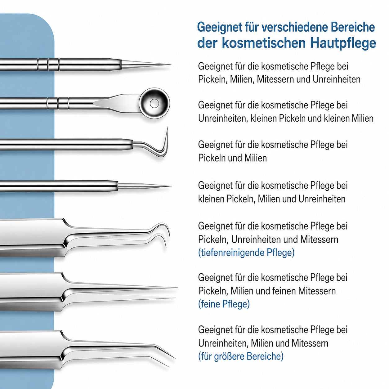 COOL-i 11 teiliges Mitesserentferner Set aus Edelstahl mit Etui, Komedonen Werkzeuge für kosmetische Pflege