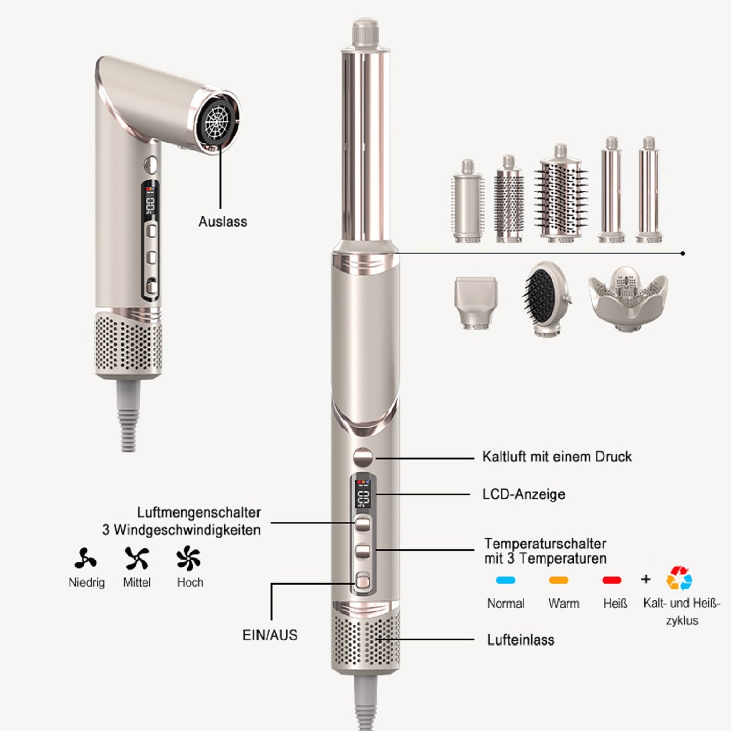 Cool-i ® Airstyler 8 in 1, 1400W Heißluftbürste, Hairstyler-Set mit Diffusor, Glättungstrockner, Rundbürste, Volumenbürste, Lockenwickler, 4 Temperaturen & 3 Windstufen.