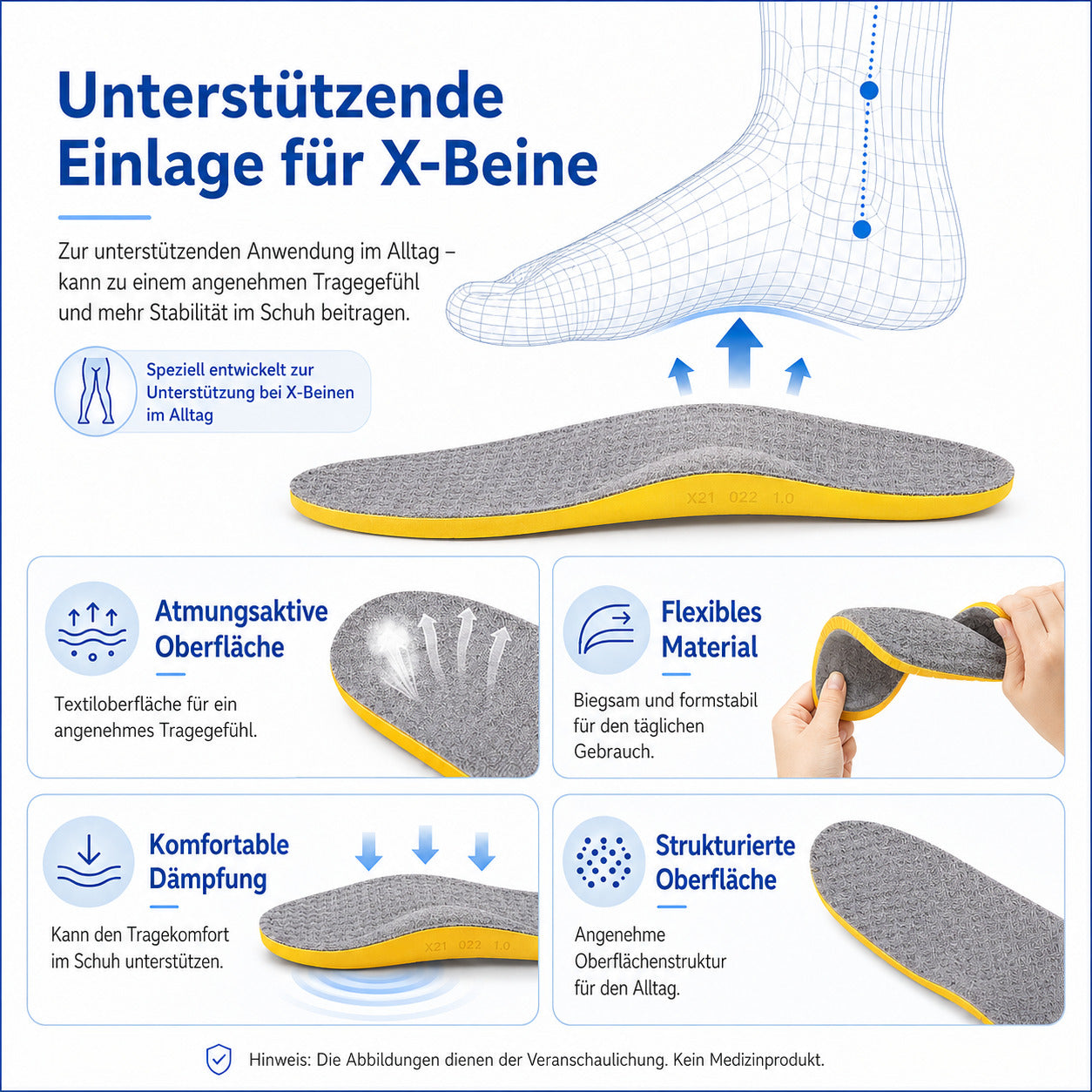 Keilförmige X Bein Einlegesohlen, zuschneidbare Komfort Ferseneinlagen zur unterstützenden Fußausrichtung im Alltag 41-42