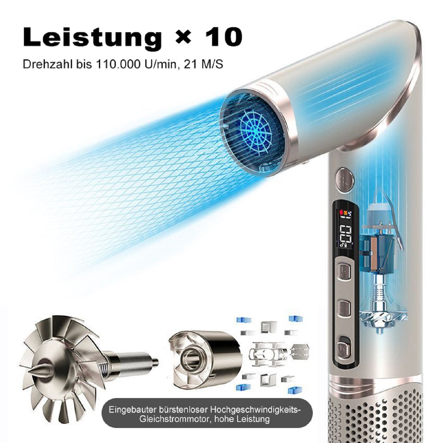 Cool-i ® Airstyler 8 in 1, 1400W Heißluftbürste, Hairstyler-Set mit Diffusor, Glättungstrockner, Rundbürste, Volumenbürste, Lockenwickler, 4 Temperaturen & 3 Windstufen.