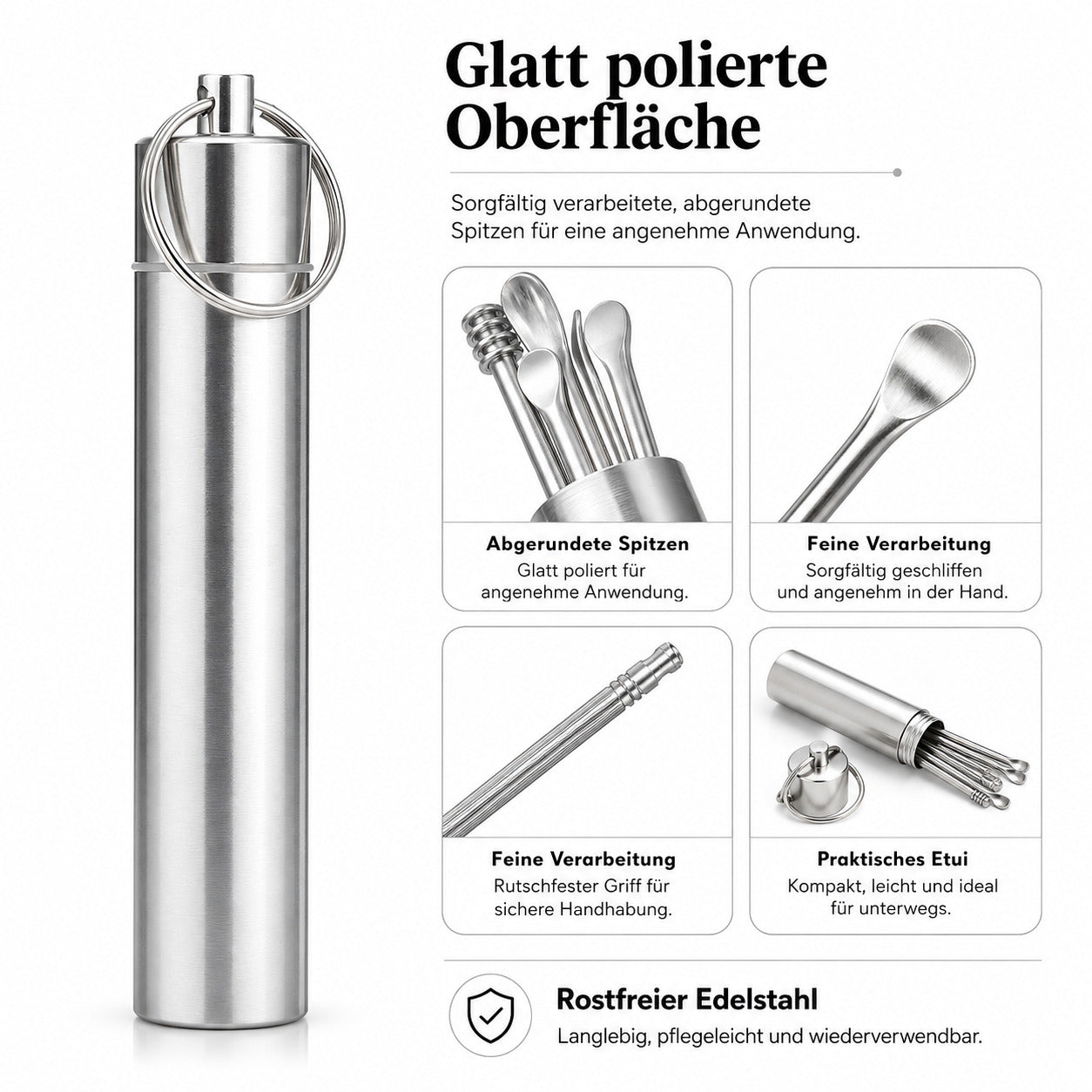 Edelstahl Ohrenreiniger Set 6 teilig, wiederverwendbar & rostfrei, für die tägliche Pflege