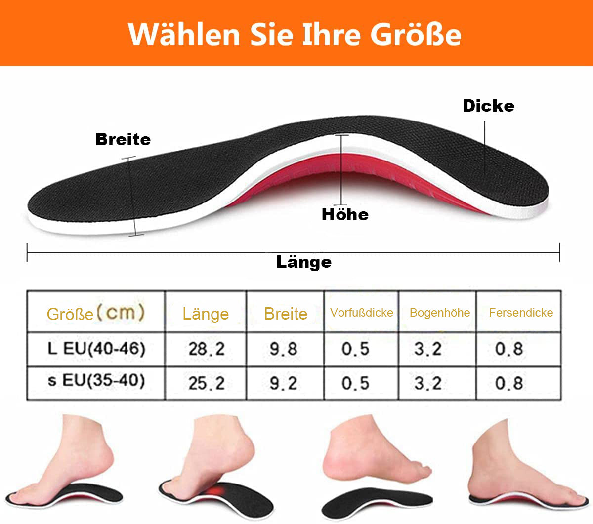 Orthopädische 3D Einlegesohlen mit Fußgewölbestütze,bei Plattfuß, Fersensporn & Fußschmerzen (S)
