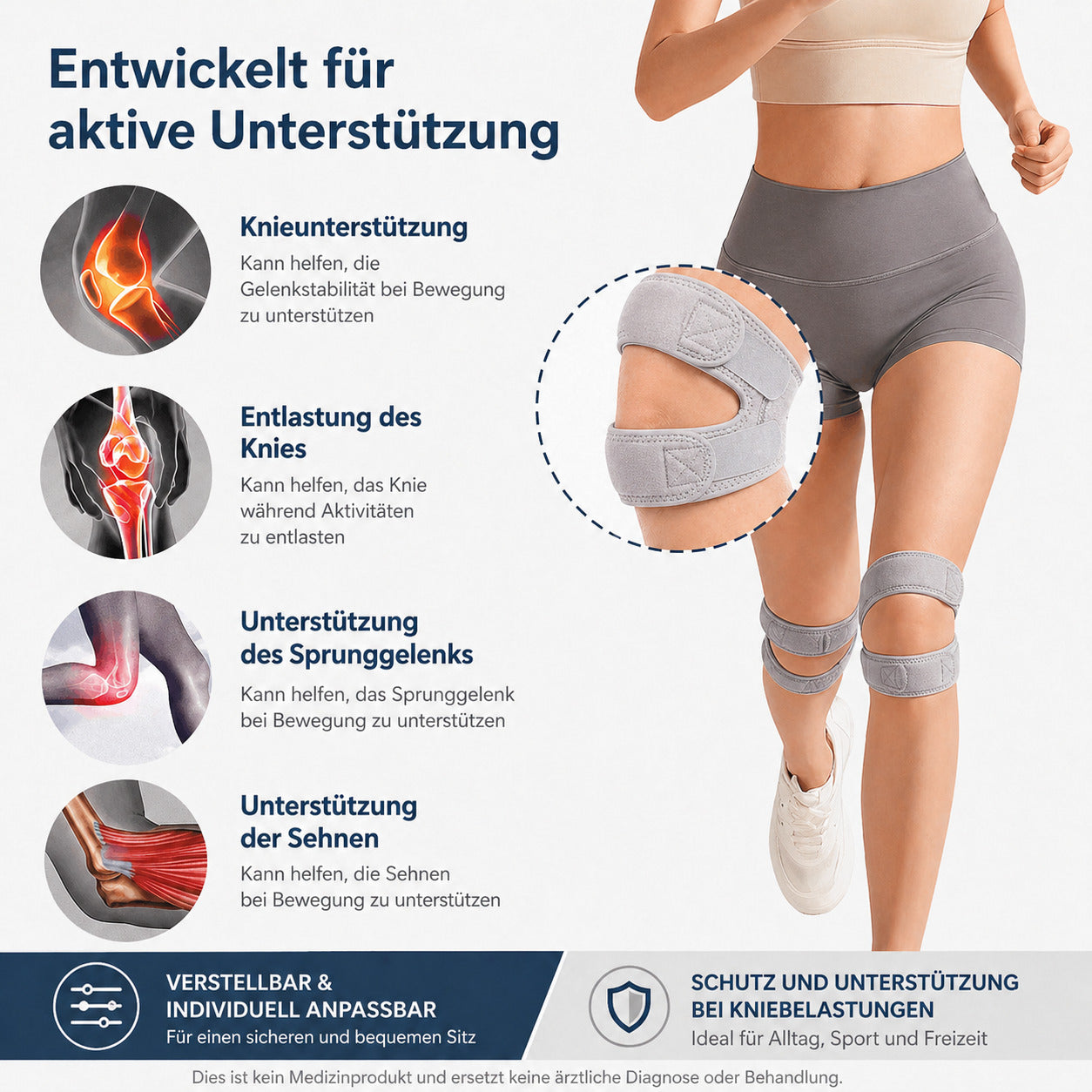 2er Set Patella Kniebandage verstellbar, elastischer Doppel-Stützgurt, rutschfest & atmungsaktiv für Sport & Alltag