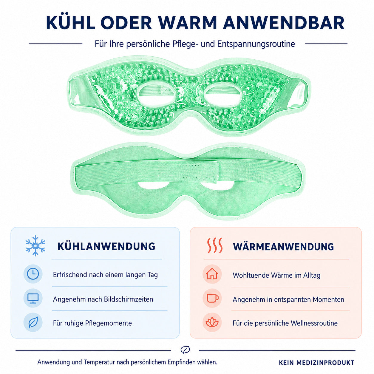 COOL-i Kühl & Wärmemaske für die Augen, wiederverwendbare Gel Augenmaske mit Gelperlen & elastischem Band