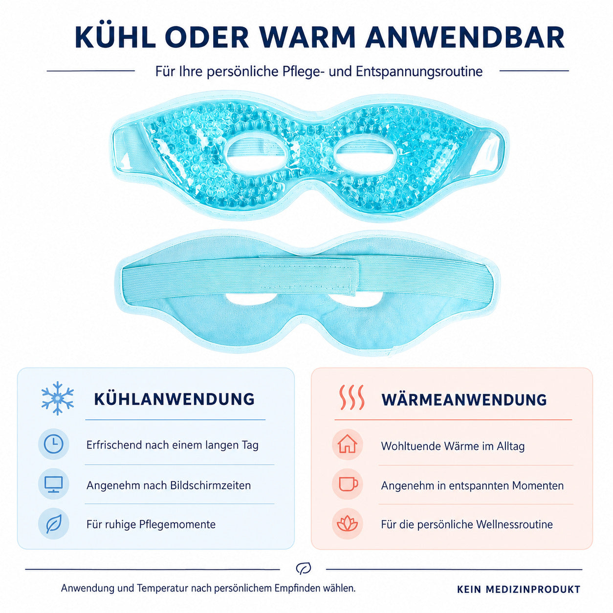 COOL-i Kühl & Wärmemaske für die Augen, wiederverwendbare Gel Augenmaske mit Gelperlen & elastischem Band