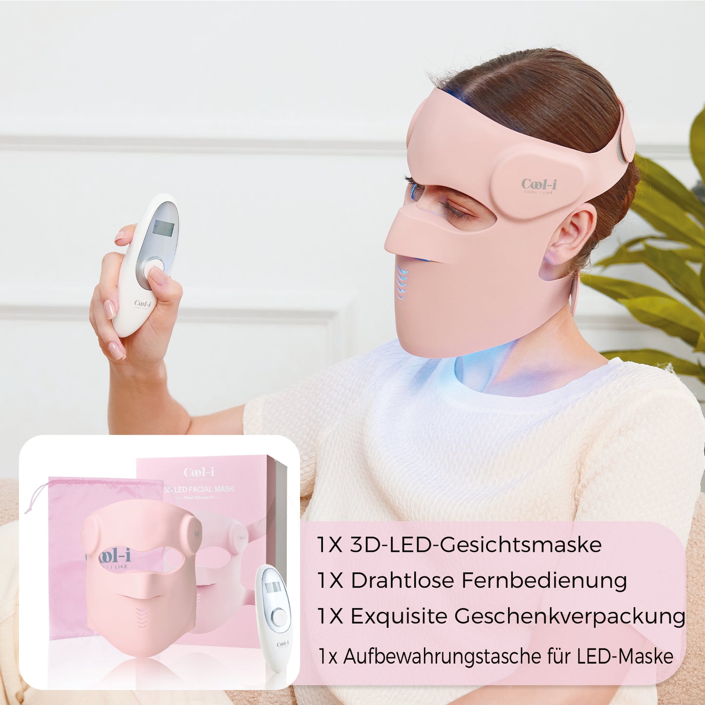 Cool-i® 3D LED Gesichtsmaske – 9 Lichtfarben, kabellos mit Fernbedienung, hautfreundliches Silikon, Lichttherapie für Anti-Aging, Akne & Hautpflege