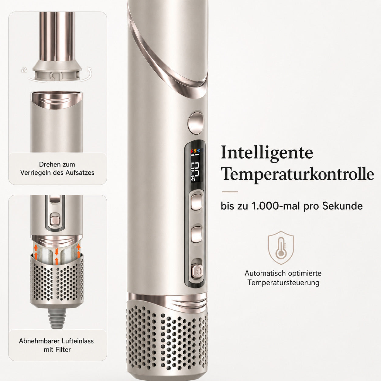 Cool-i ® Airstyler 8 in 1, 1400W Heißluftbürste, Hairstyler-Set mit Diffusor, Glättungstrockner, Rundbürste, Volumenbürste, Lockenwickler, 4 Temperaturen & 3 Windstufen.