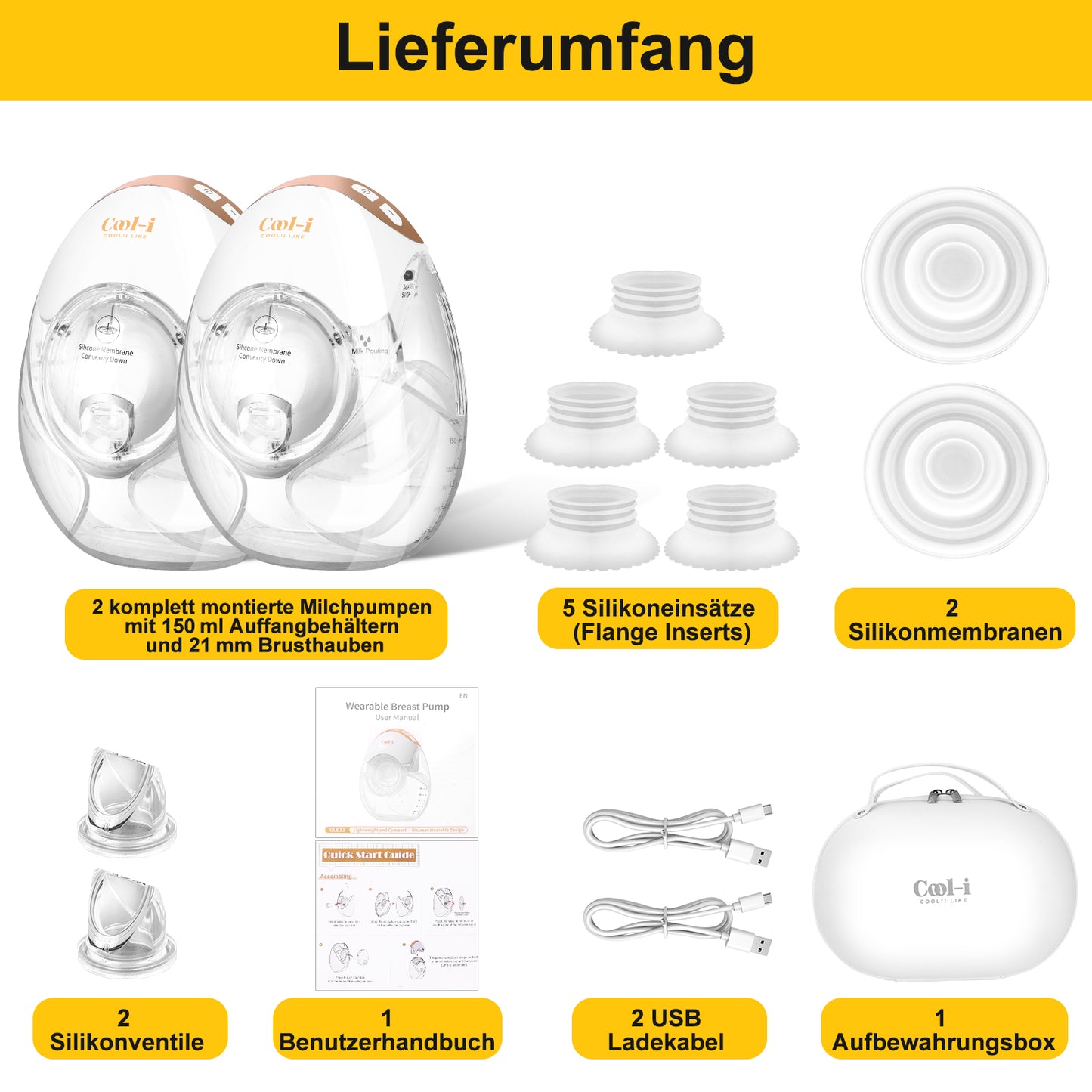 Cool-i® Elektrische Tragbare Milchpumpe GLE32 – BPA-frei, 3 Modi & 12 Stufen, 3 Flanschgrößen (18/21/24 mm), 300 ml
