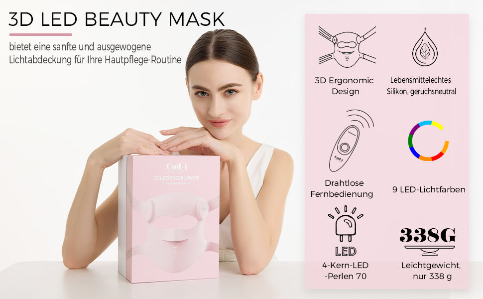 Cool-i® 3D LED Gesichtsmaske – 9 Lichtfarben, kabellos mit Fernbedienung, hautfreundliches Silikon, Lichttherapie für Anti-Aging, Akne & Hautpflege