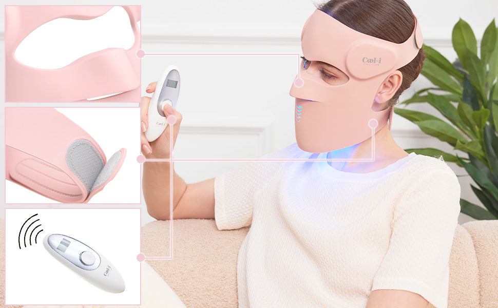 Cool-i® 3D LED Gesichtsmaske – 9 Lichtfarben, kabellos mit Fernbedienung, hautfreundliches Silikon, Lichttherapie für Anti-Aging, Akne & Hautpflege