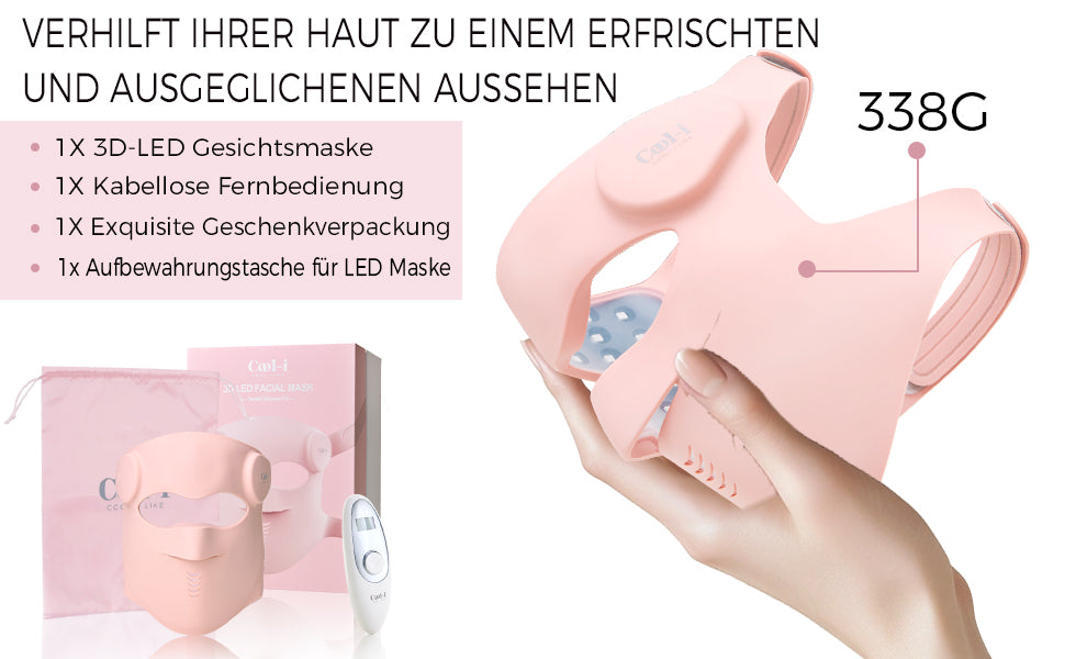Cool-i® 3D LED Gesichtsmaske – 9 Lichtfarben, kabellos mit Fernbedienung, hautfreundliches Silikon, Lichttherapie für Anti-Aging, Akne & Hautpflege